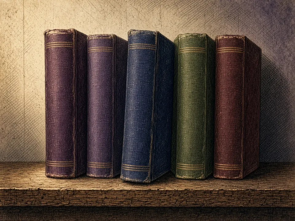 Cinco volumes antigos de capa dura, em tons de ameixa, violeta, índigo, verde e vinho, enfileirados numa estante de madeira.