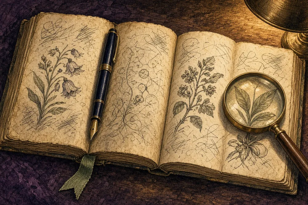 Dois livros antigos abertos lado a lado sob a luz de um lampião, com uma lupa sobre uma das páginas.